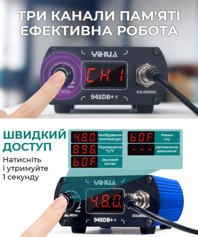 Паяльна станція YIHUA 948DB+ II / Жало T12 / 200-480°C / 3 канали пам'яті / 75 Вт