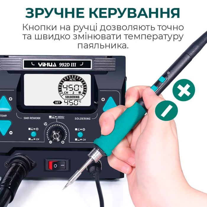 Паяльна станція 2 в 1 YIHUA 992D-III / термофен + 2 паяльники C210 C245 / 3 канали пам'яті / 1220 Вт