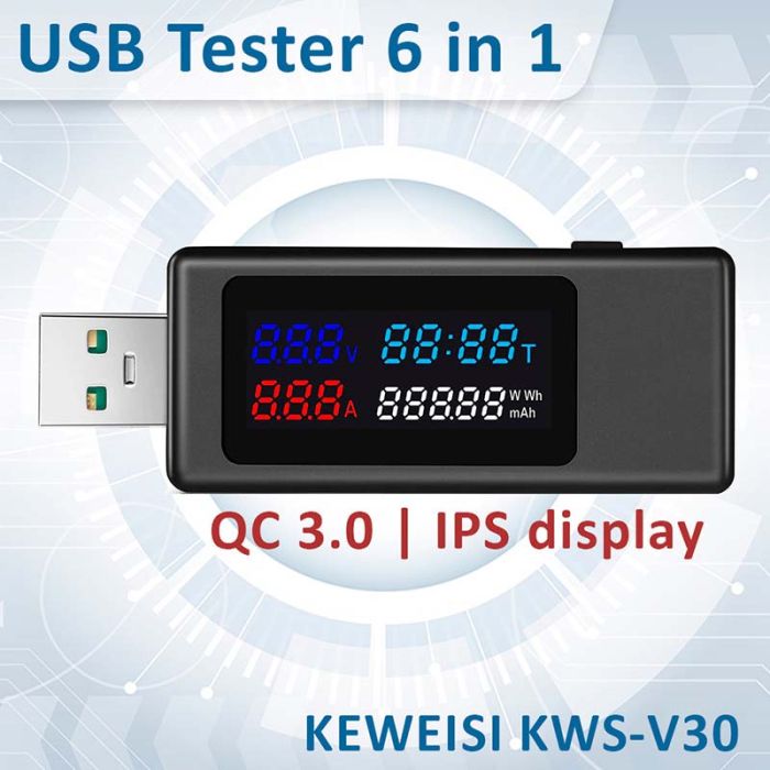 USB тестер струму напруги ємності KEWEISI KWS-V30 QC3.0 / 4-30V / 195W / 6.5A Black