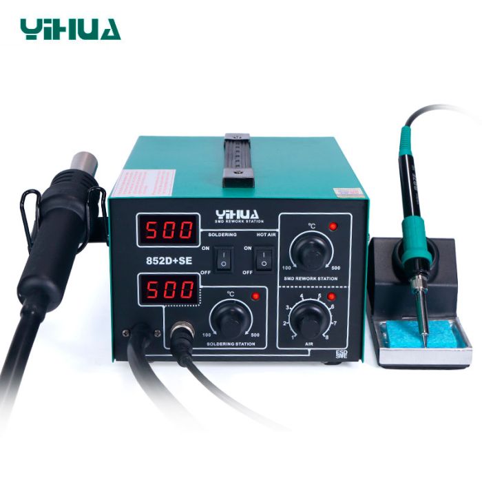 Паяльная станция 2 в 1 YIHUA 852D+SE pump / термофен + паяльник / компрессор / 4 насадки / 650 Вт