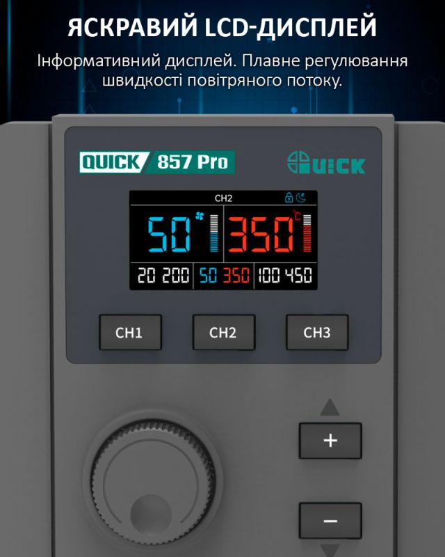 Термоповітряна паяльна станція QUICK 857 Pro / 3 канали пам'яті / 100-500°C / 40 л/хв / 580 Вт