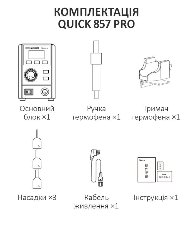 Термоповітряна паяльна станція QUICK 857 Pro / 3 канали пам'яті / 100-500°C / 40 л/хв / 580 Вт