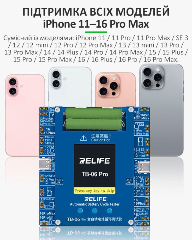 Программатор RELIFE TB-06 Pro для сброса циклов и процента износа аккумулятора iPhone 11 - 16 Pro Max