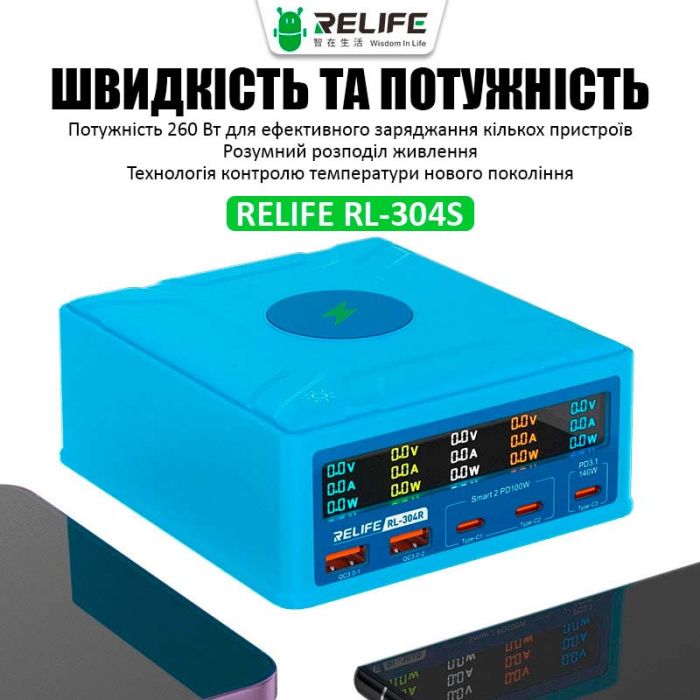 Швидкий зарядний пристрій Relife RL-304R / бездротова зарядка QI 15W / 2xUSB / 3xUSB Type-C PD3.1 / 260W