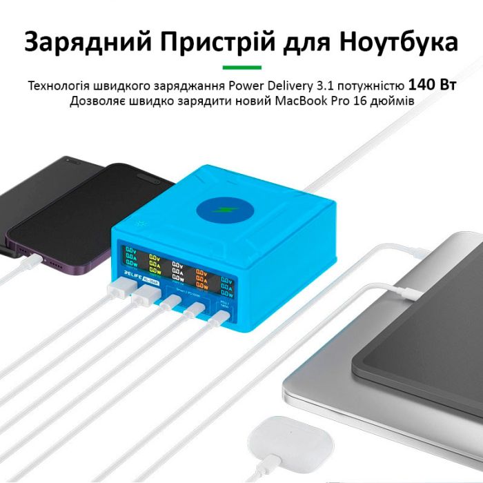 Швидкий зарядний пристрій Relife RL-304R / бездротова зарядка QI 15W / 2xUSB / 3xUSB Type-C PD3.1 / 260W