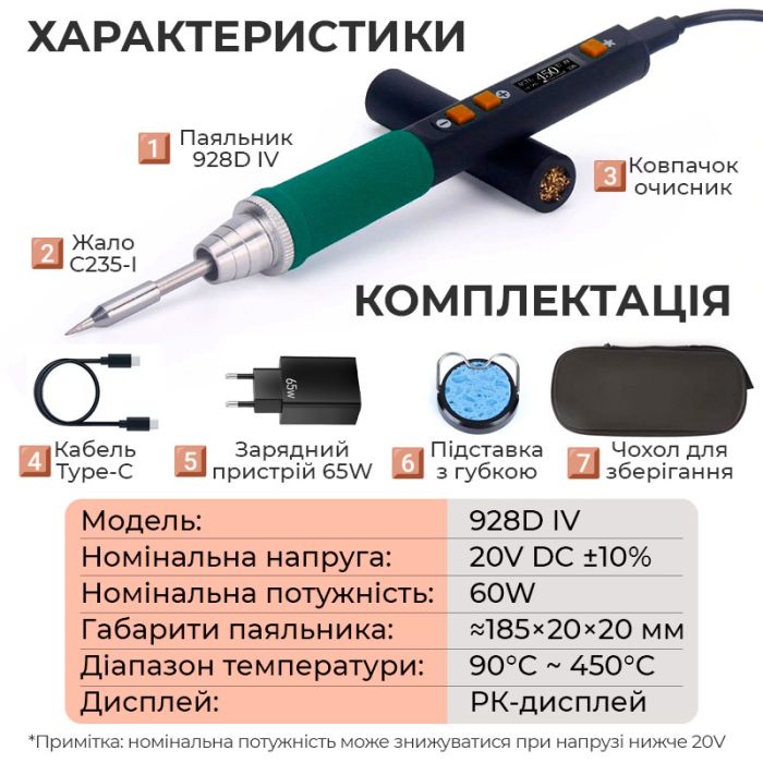 Паяльник прецизионный Silverflo 928D IV портативный / жало C235-I / 450°C / подставка с губкой / Type-C