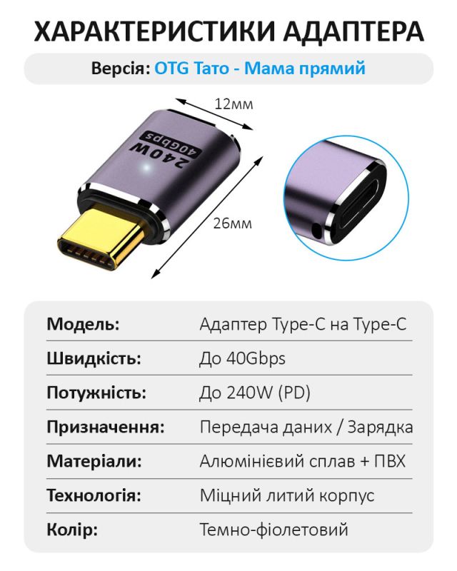 Переходник Type-C на Type-C OTG адаптер (папа-мама) USB 4.0, 40 Гб/с, 240Вт, 8K, прямой