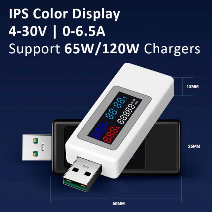 USB тестер струму напруги ємності KEWEISI KWS-V30 QC3.0 / 4-30V / 195W / 6.5A White