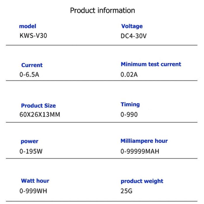 USB тестер струму напруги ємності KEWEISI KWS-V30 QC3.0 / 4-30V / 195W / 6.5A White