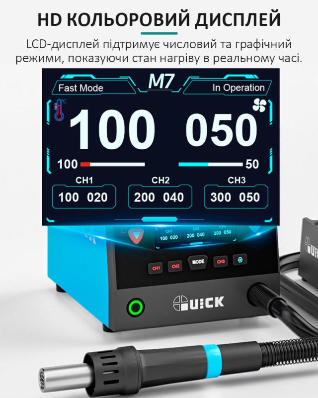 Паяльна станція Quick M7 / термофен / 3 канали пам'яті / 100-550°С / 50 л/хв / 1000 Вт