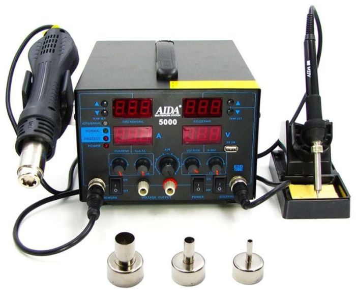 Паяльная станция AIDA 5000 / 3 в 1 / фен + паяльник + блок питания / 480°C / 30В 5A / USB 5В 2А / 850Вт