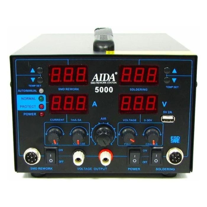 Паяльная станция AIDA 5000 / 3 в 1 / фен + паяльник + блок питания / 480°C / 30В 5A / USB 5В 2А / 850Вт