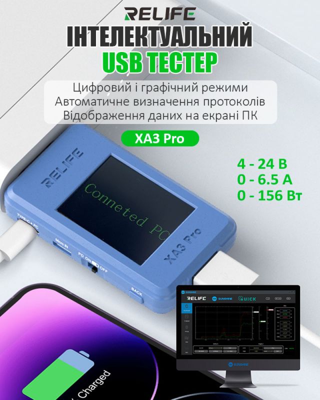Багатофункціональний USB тестер RELIFE XA3 Pro / 1.77'' / Type-C / Синхронізація з ПК / 4-24В / 6.5A