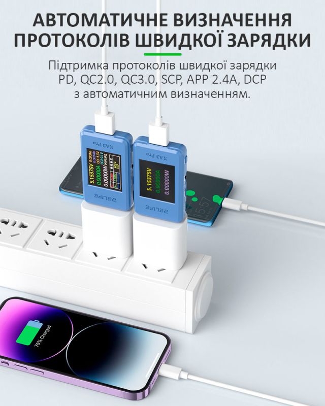 Багатофункціональний USB тестер RELIFE XA3 Pro / 1.77'' / Type-C / Синхронізація з ПК / 4-24В / 6.5A