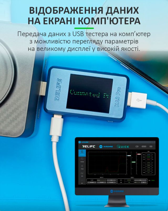 Багатофункціональний USB тестер RELIFE XA3 Pro / 1.77'' / Type-C / Синхронізація з ПК / 4-24В / 6.5A