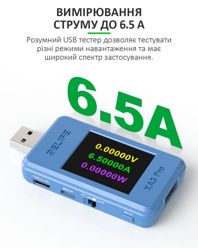Багатофункціональний USB тестер RELIFE XA3 Pro / 1.77'' / Type-C / Синхронізація з ПК / 4-24В / 6.5A