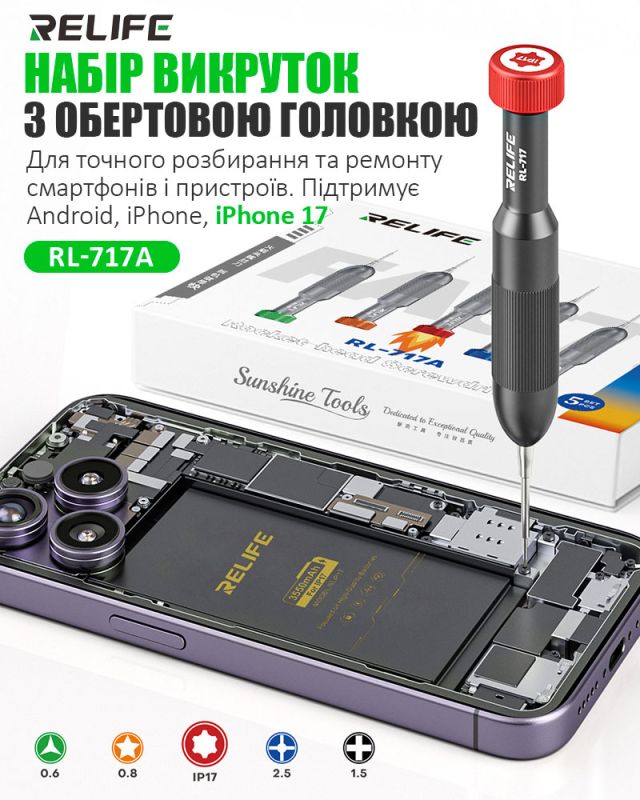 Набор отверток Relife RL-717A / прецизионные / для ремонта (Y0.6 / ★0.8 / ➕1.5 / iP2.5 / iP17) 5 шт.