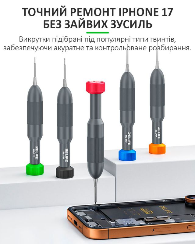 Набір викруток Relife RL-717A / прецизійні / для ремонту (Y0.6 / ★0.8 / ➕1.5 / iP2.5 / iP17) 5 шт.