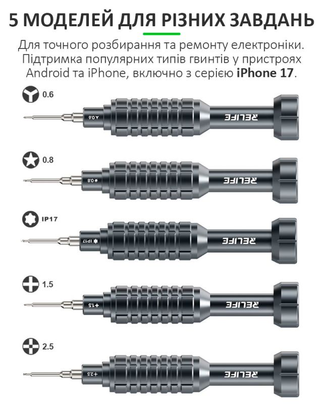 Набір викруток Relife RL-730A / прецизійні / для ремонту (Y0.6 / ★0.8 / ➕1.5 / iP2.5 / iP17) 5 шт.
