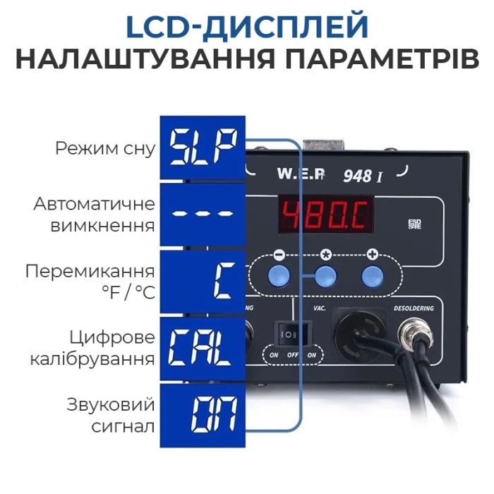 Паяльная станция 2 в 1 WEP 948-I / паяльник + вакуумный оловоотсос / 200-480°C / 90 Вт
