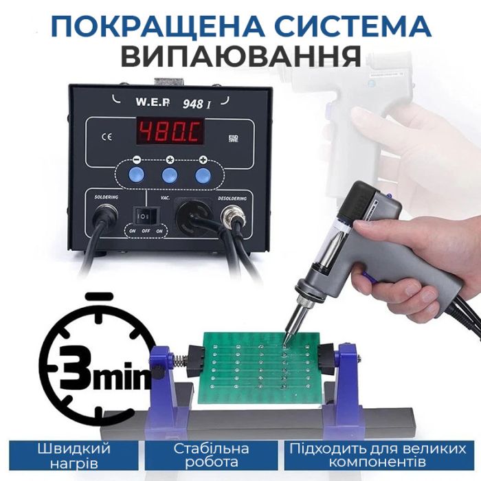 Паяльная станция 2 в 1 WEP 948-I / паяльник + вакуумный оловоотсос / 200-480°C / 90 Вт