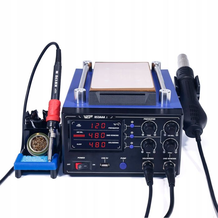 Паяльна станція 3 в 1 WEP 853AAA-I / фен / паяльник / сепаратор / LED дисплей / USB / 1180 Вт