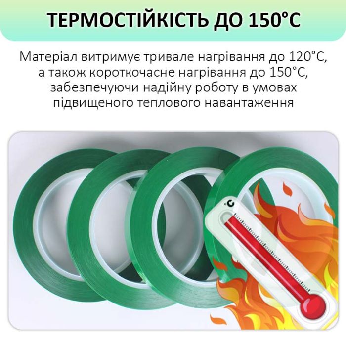 Термостійкий скотч PET зелений / 150°C Max / товщина 0.03 мм / довжина 100 м / ширина 8 мм