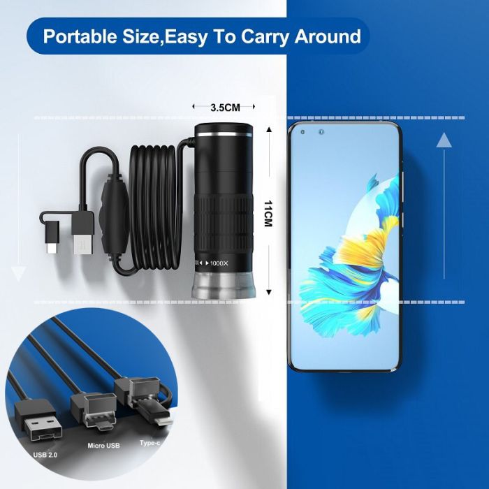 Микроскоп цифровой портативный AN104 / кратность 1000X / OTG Micro USB / Type-C / подсветка