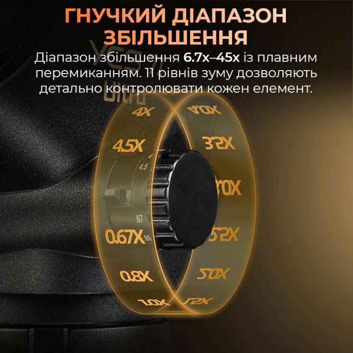 Мікроскоп тринокулярний YCS 71 Ultra / 6.7X-45X / адаптер CTV 0.5X / LED підсвітка / без штатива / Чорний