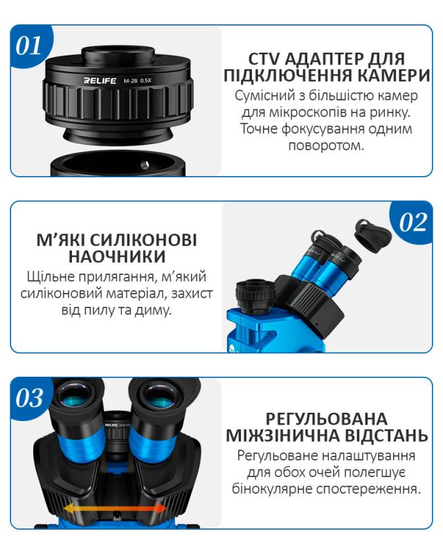 Мікроскоп тринокулярний Sunshine M9T / 6X-45X / адаптер CTV 0.5X / WF10X/25 / без штатива / Blue