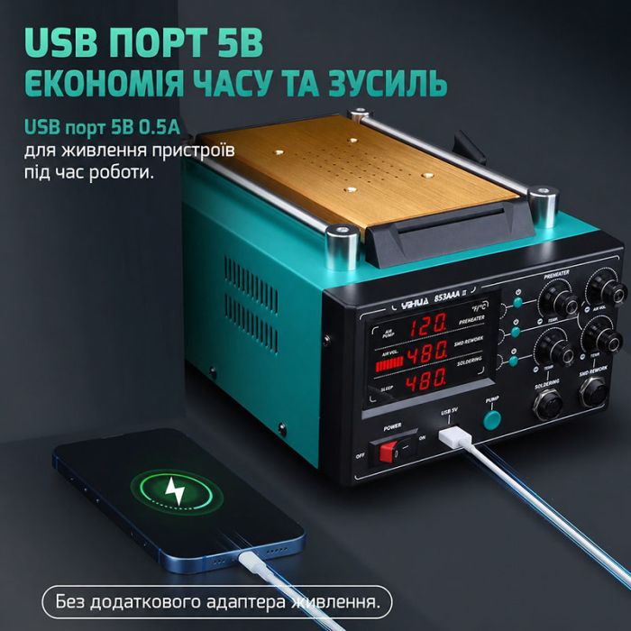 Паяльная станция 3 в 1 YIHUA 853AAA-II / паяльник C245 + термофен + сепаратор / USB / 1250 Вт