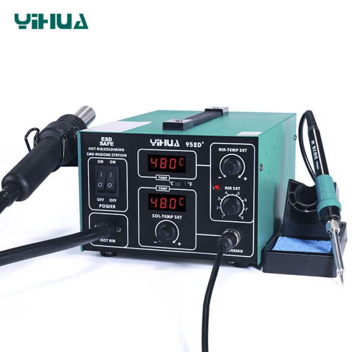 Паяльна станція 2 в 1 YIHUA 952D+ / термофен + паяльник / жало 900М / 4 насадки / 100 - 450°C / 700 Вт