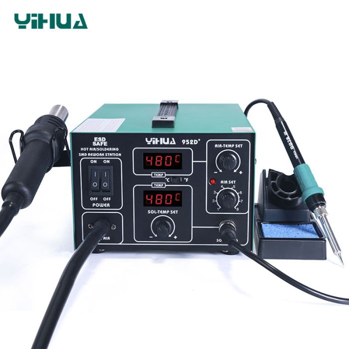 Паяльна станція 2 в 1 YIHUA 952D+ / термофен + паяльник / жало 900М / 4 насадки / 100 - 450°C / 700 Вт
