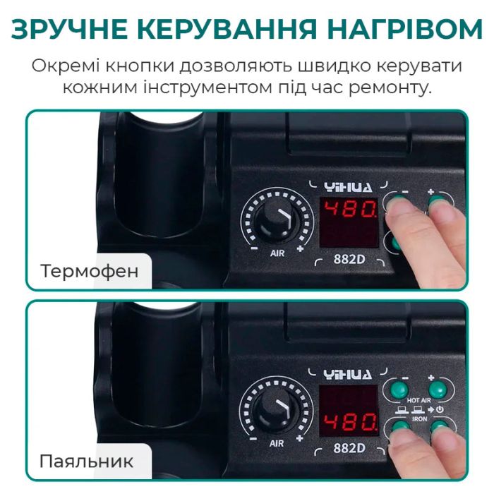 Паяльна станція 2 в 1 YIHUA 882D / термофен + паяльник / 3 насадки / 750 Вт