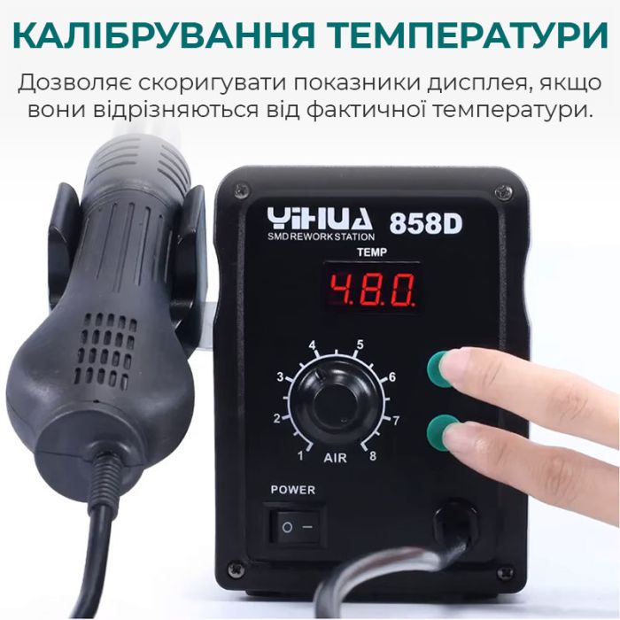 Термоповітряна паяльна станція YIHUA 858D термофен / 100-500°С / 120 л/хв / 3 насадки / 700 Вт
