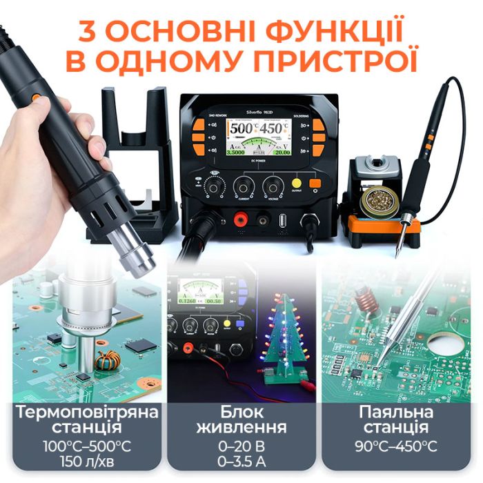 Паяльна станція 3 в 1 Silverflo 983D / фен 150 л/хв. 500°C, паяльник C245 450°C, блок живлення 20В 3.5A, 1300 Вт