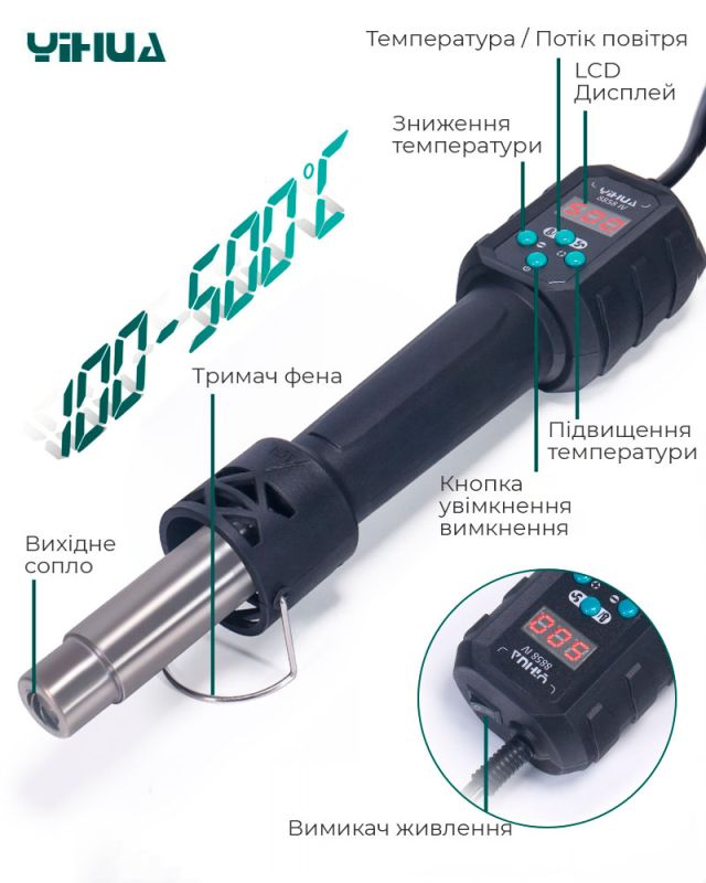 Термофен YIHUA 8858-IV / ЖК-дисплей / цифровая регулировка / компактный / 120 л/мин / 100 - 500°C / 700 Вт
