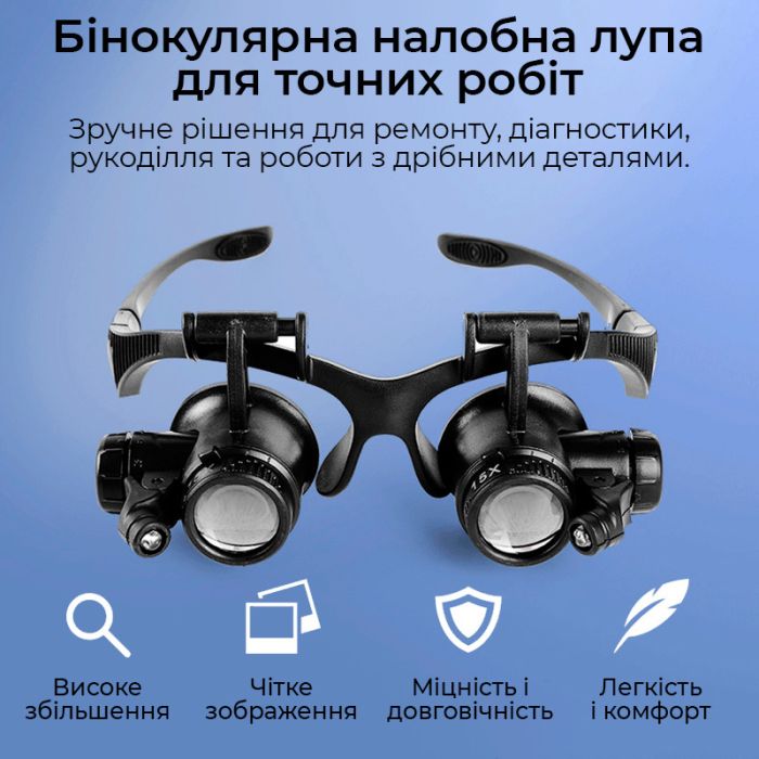 Лупа окуляри бінокулярні Magnifier 9892GJ з LED підсвіткою / збільшення 10X 15X 20X 25X