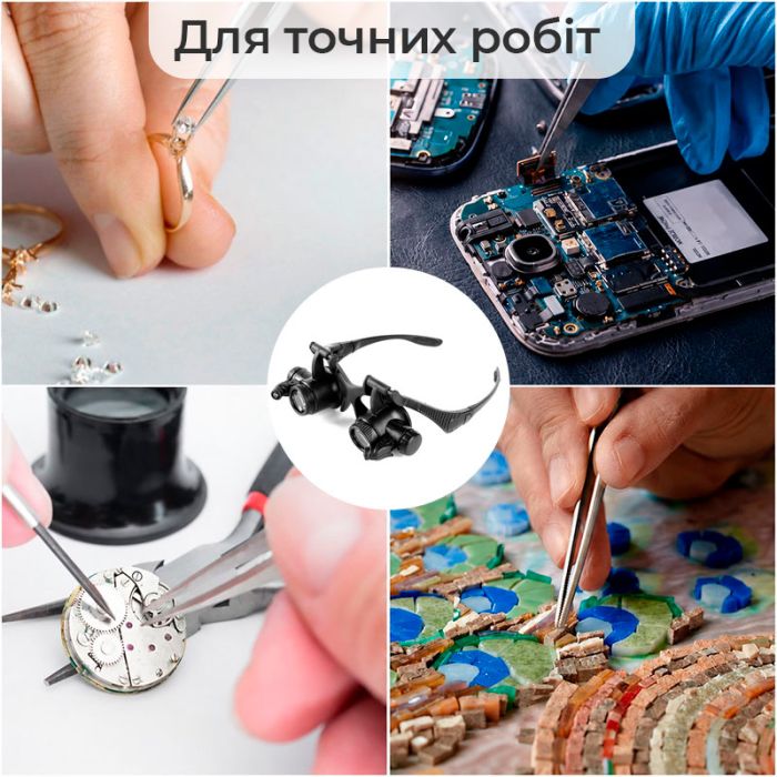 Лупа окуляри бінокулярні Magnifier 9892GJ з LED підсвіткою / збільшення 10X 15X 20X 25X