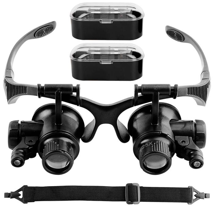 Лупа окуляри бінокулярні Magnifier 9892G з LED підсвіткою / бокси для лінз / збільшення 10X 15X 20X 25X
