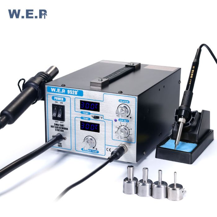 Паяльна станція 2 в 1 WEP 952D+ / термофен + паяльник / жало 900М / 4 насадки / 100 - 450°C / 700 Вт