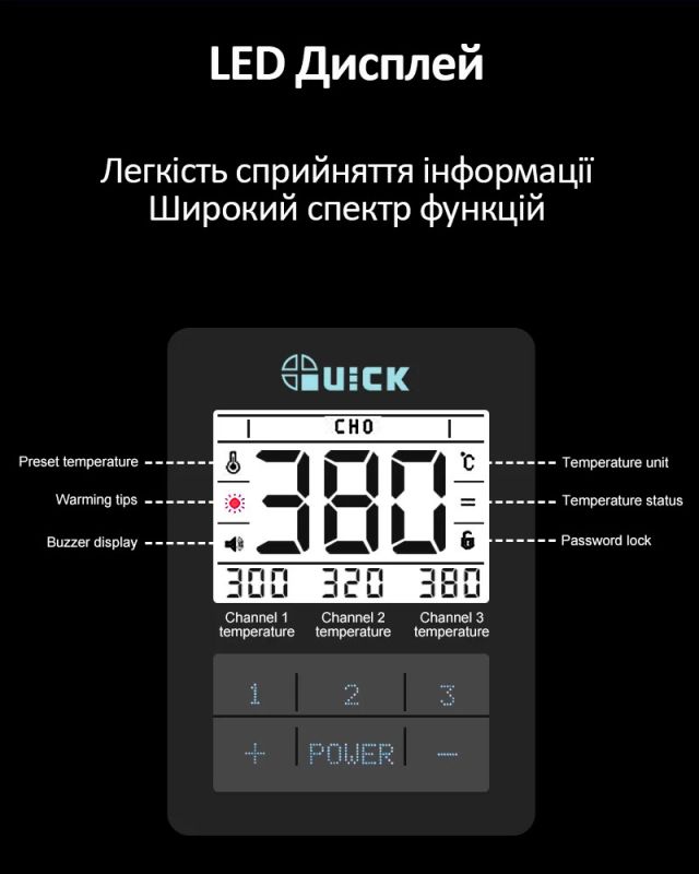 Демонтажна паяльна станція Quick TV2 / вакуумний олововідсмоктувач / LCD дисплей / 300-500°C / 200 Вт