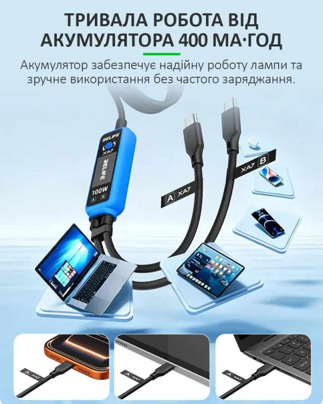 Кабель тестер RELIFE XA7 / Type-C 2 в 1 / Quick Charge 4.0 / PD 3.0 / 100 Вт / для iPhone Android