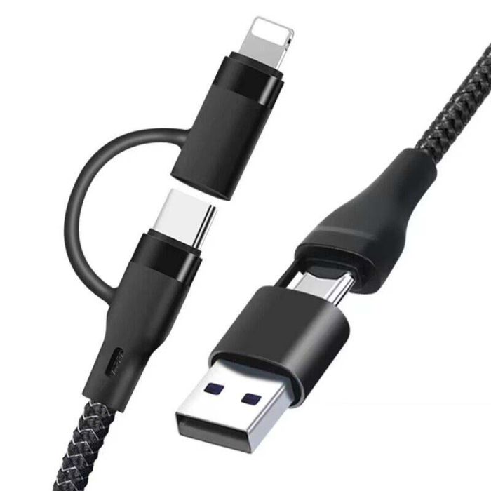 Кабель Type-C to Type-C с переходниками USB + Lightning / 4 в 1 / QC3.0 PD / 60W / 1м  Черный
