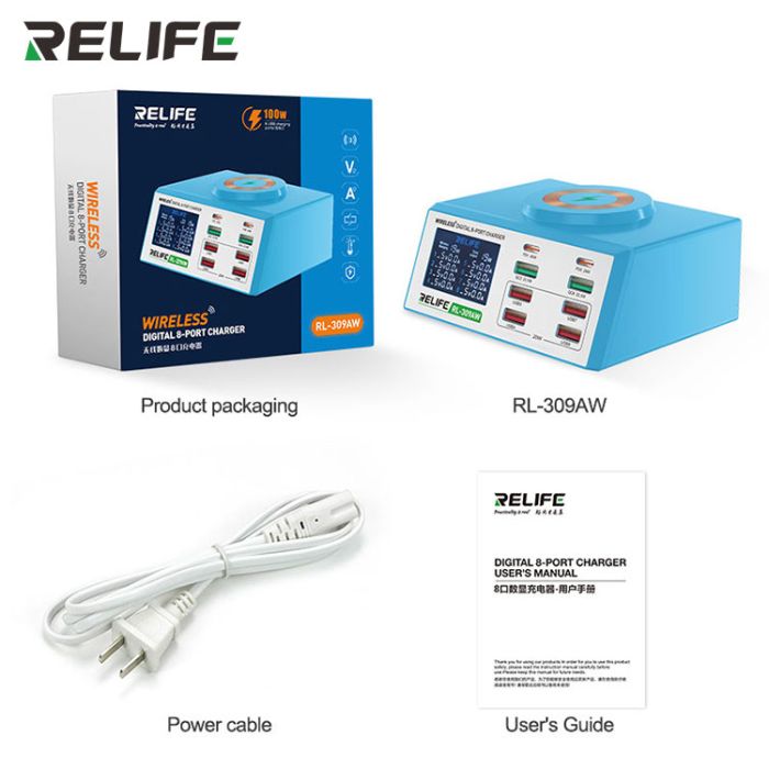 Беспроводное зарядное устройство Relife RL-309AW 8xUSB / PD3.0 45W / QC3.0 / Qi 15W / автоотключение / 100W Max