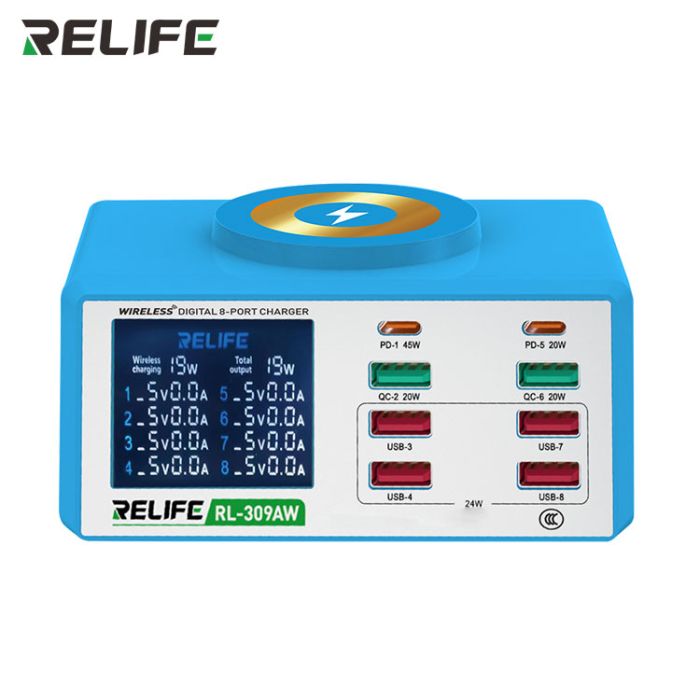 Беспроводное зарядное устройство Relife RL-309AW 8xUSB / PD3.0 45W / QC3.0 / Qi 15W / автоотключение / 100W Max