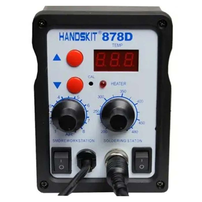 Паяльная станция Handskit 878D 2 в 1 термовоздушная с паяльником, 3 насадки, 100 - 480°C, 700 Вт