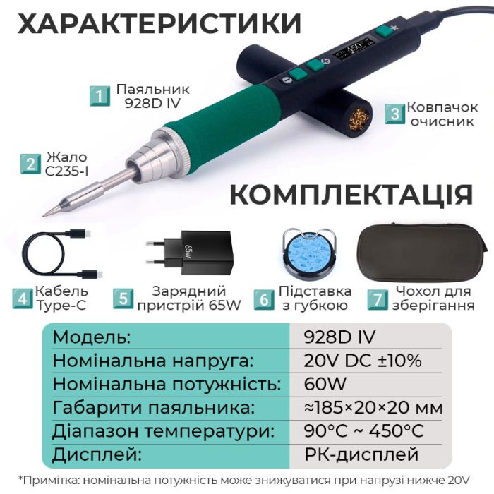 Паяльник прецизионный YiHUA 928D IV портативный / жало C235-I / 450°C / 20В / Type-C / 65 Вт / пенал