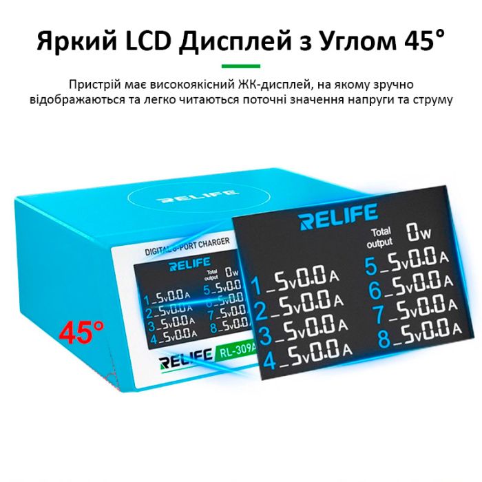 Швидкий зарядний пристрій Relife RL-309A 8xUSB / PD3.0 45W / QC3.0 / автовідключення / 100W Max