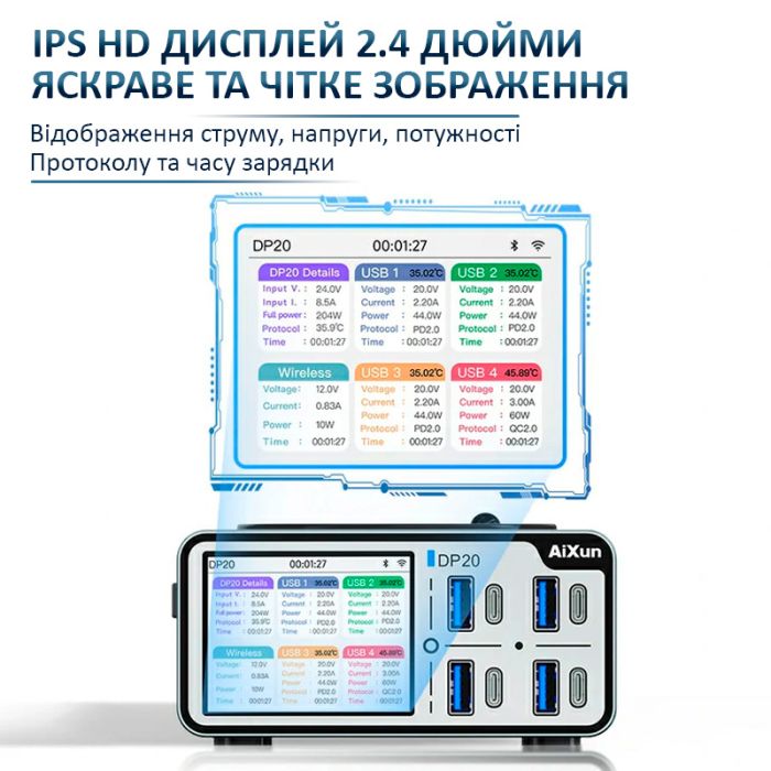 Зарядна станція AiXun DP20 / 8 USB / швидка зарядка QC4.0 PD3.0 + бездротова / 8А / 200Вт
